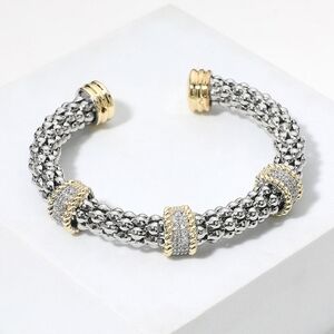 Two Tone Triple CZ Stone Ring Cuff Bracelet Bangle Gold Silver Accessory